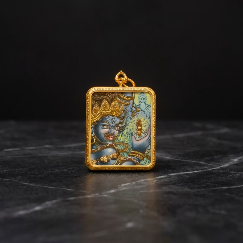 Acala (Blue Fierce Form) Hand-Painted Thangka Pendant | Immovable Protector Deity Amulet Against Harm & Obstacles