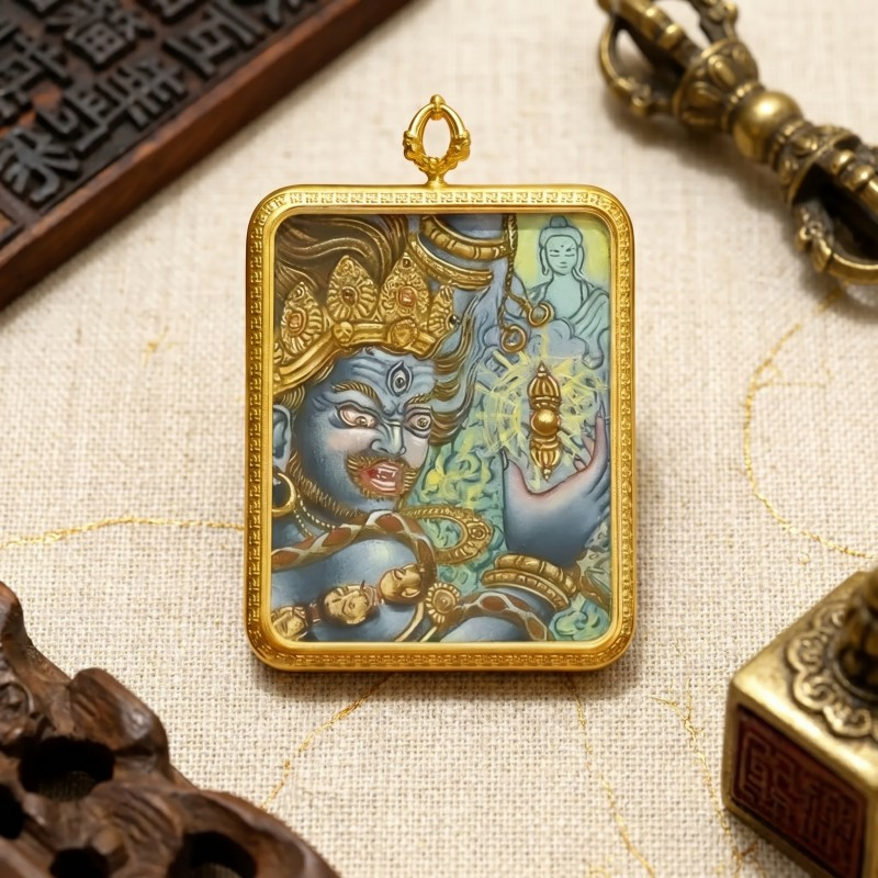 Acala (Blue Fierce Form) Hand-Painted Thangka Pendant | Immovable Protector Deity Amulet Against Harm & Obstacles thumbnail