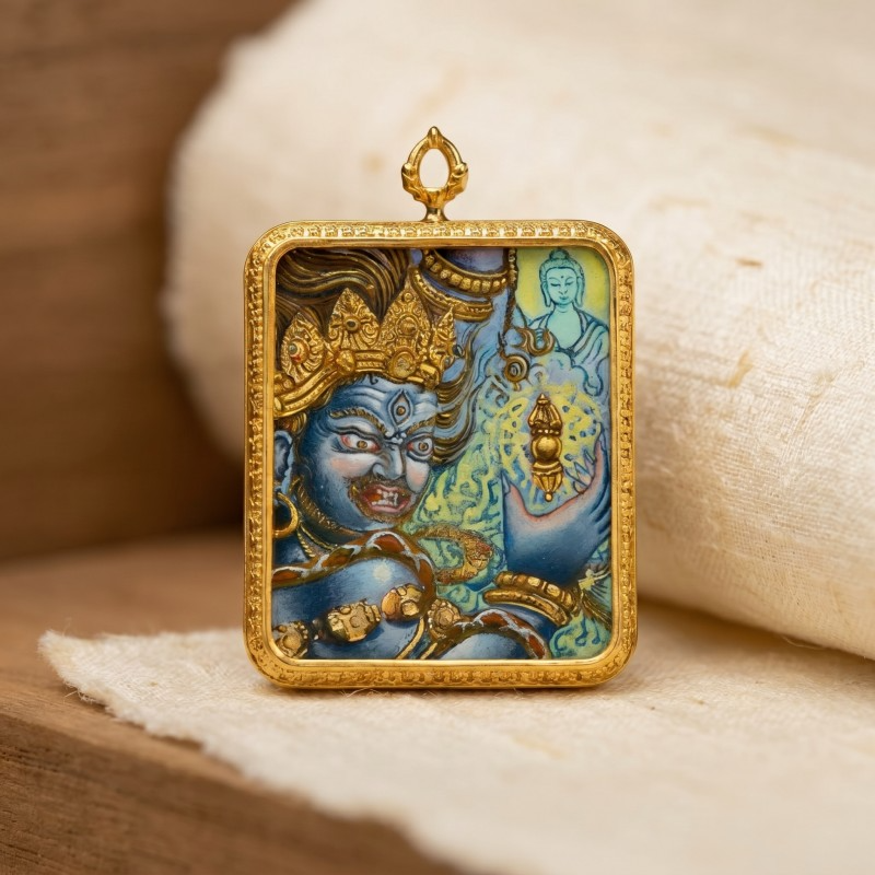 Acala (Blue Fierce Form) Hand-Painted Thangka Pendant | Immovable Protector Deity Amulet Against Harm & Obstacles thumbnail