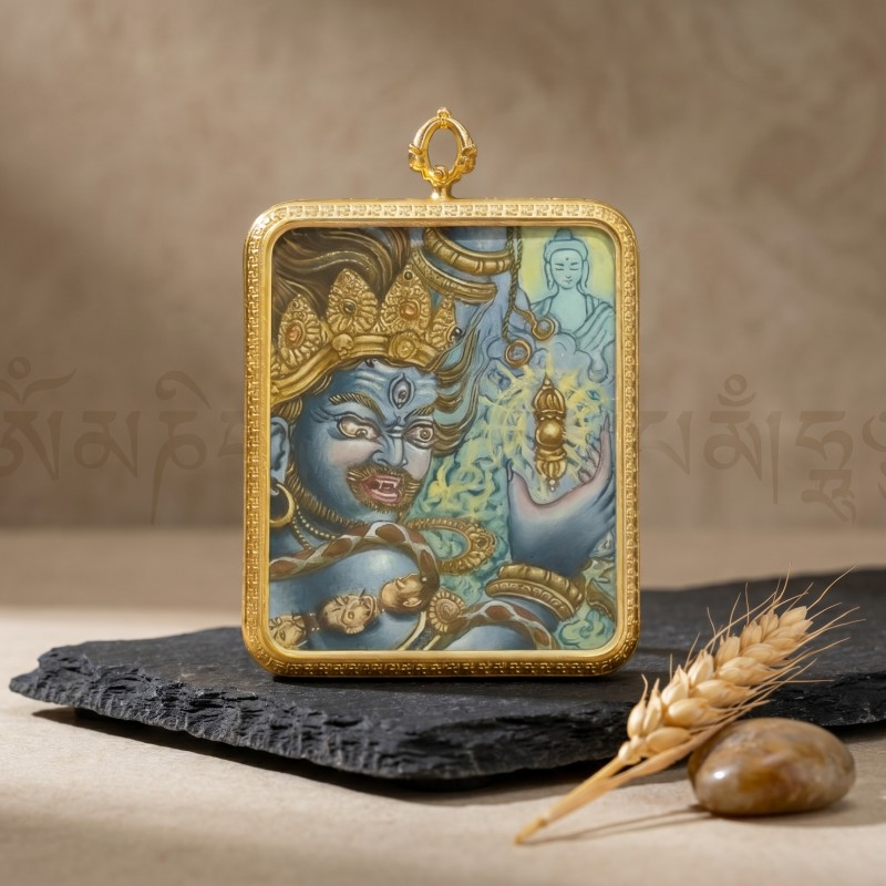 Acala (Blue Fierce Form) Hand-Painted Thangka Pendant | Immovable Protector Deity Amulet Against Harm & Obstacles thumbnail