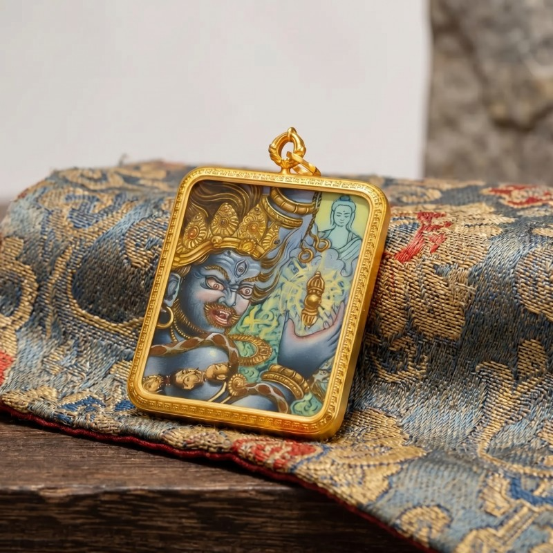 Acala (Blue Fierce Form) Hand-Painted Thangka Pendant | Immovable Protector Deity Amulet Against Harm & Obstacles thumbnail