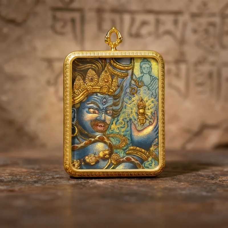 Acala (Blue Fierce Form) Hand-Painted Thangka Pendant | Immovable Protector Deity Amulet Against Harm & Obstacles thumbnail