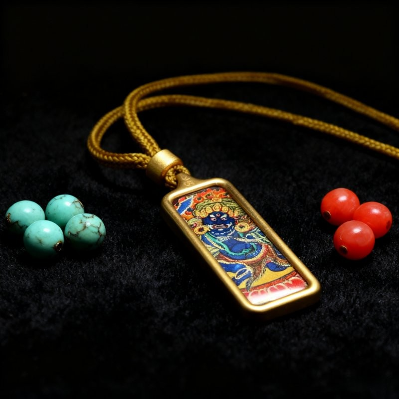 Acala (Blue Form) Hand-Painted Thangka Pendant | Fierce Protector Deity Amulet Against Harm & Obstacles thumbnail