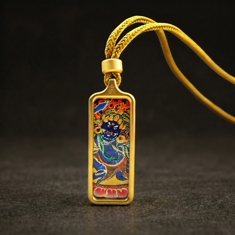 Acala (Blue Form) Hand-Painted Thangka Pendant | Fierce Protector Deity Amulet Against Harm & Obstacles thumbnail