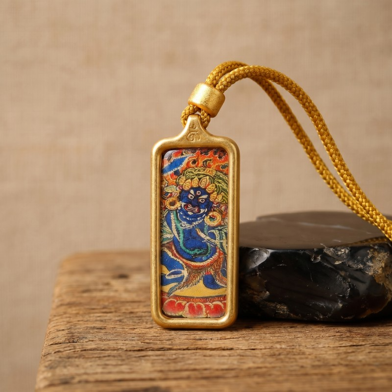 Acala (Blue Form) Hand-Painted Thangka Pendant | Fierce Protector Deity Amulet Against Harm & Obstacles thumbnail