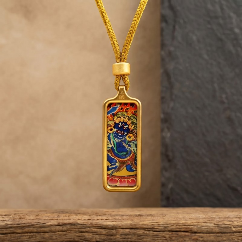 Acala (Blue Form) Hand-Painted Thangka Pendant | Fierce Protector Deity Amulet Against Harm & Obstacles thumbnail
