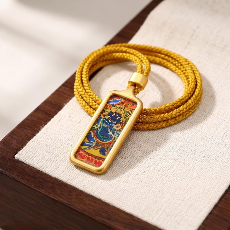 Acala (Blue Form) Hand-Painted Thangka Pendant | Fierce Protector Deity Amulet Against Harm & Obstacles thumbnail