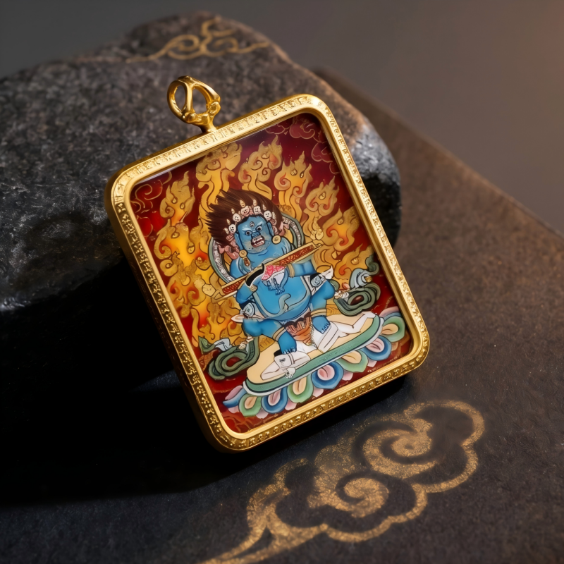 Acala (Immovable Protector) Hand-Painted Thangka Pendant | Amulet Against Harm & Obstacles thumbnail
