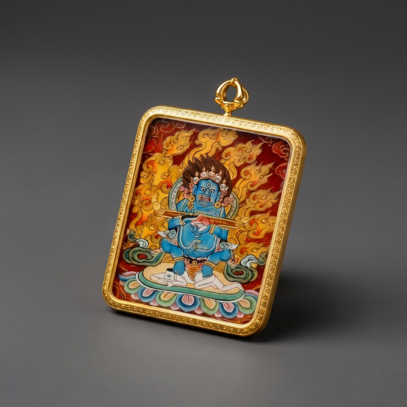 Acala (Immovable Protector) Hand-Painted Thangka Pendant | Amulet Against Harm & Obstacles thumbnail