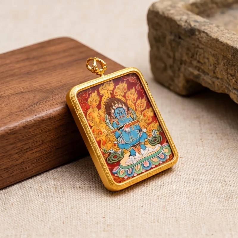 Acala (Immovable Protector) Hand-Painted Thangka Pendant | Amulet Against Harm & Obstacles thumbnail