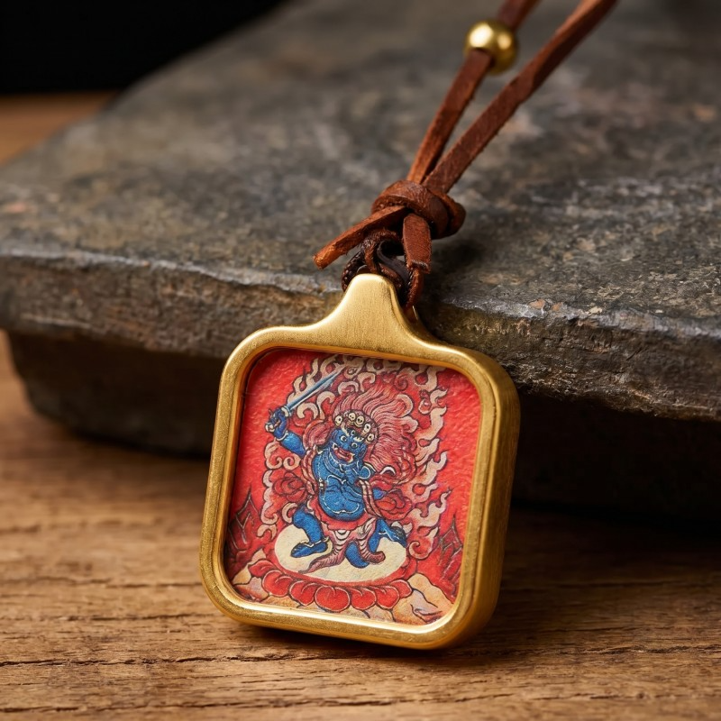 Acala (Immovable Protector) Hand-Painted Thangka Pendant | Deity of Wrathful Protection & Obstacle Removal Amulet thumbnail