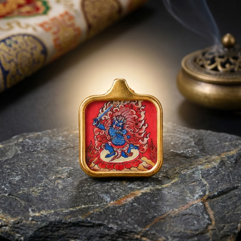 Acala (Immovable Protector) Hand-Painted Thangka Pendant | Deity of Wrathful Protection & Obstacle Removal Amulet thumbnail