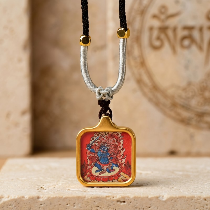 Acala (Immovable Protector) Hand-Painted Thangka Pendant | Deity of Wrathful Protection & Obstacle Removal Amulet thumbnail