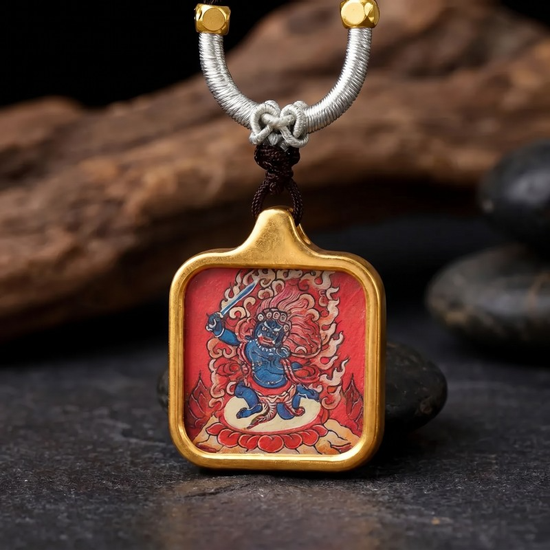 Acala (Immovable Protector) Hand-Painted Thangka Pendant | Deity of Wrathful Protection & Obstacle Removal Amulet thumbnail