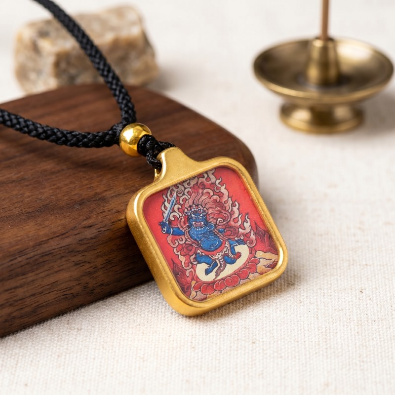 Acala (Immovable Protector) Hand-Painted Thangka Pendant | Deity of Wrathful Protection & Obstacle Removal Amulet thumbnail