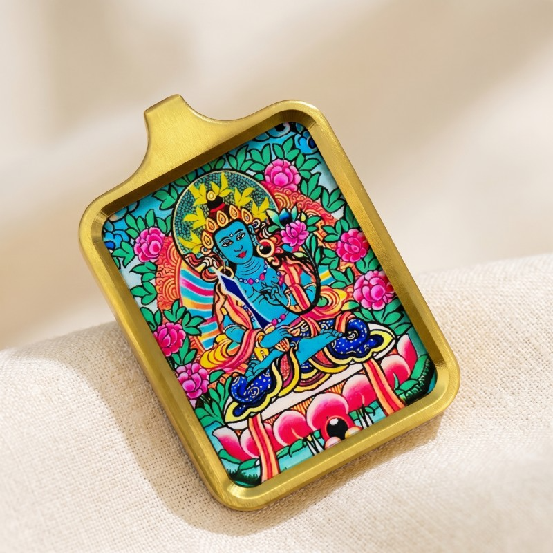 Ākāśagarbha Hand-Painted Thangka Pendant | Bodhisattva of Wisdom & Abundance Amulet thumbnail