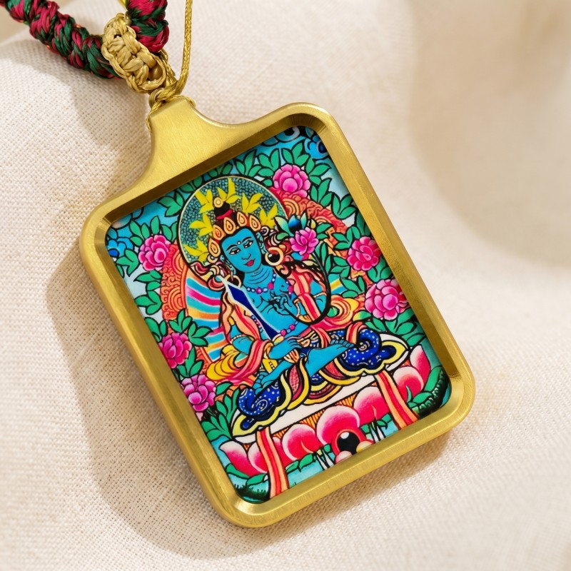 Ākāśagarbha Hand-Painted Thangka Pendant | Bodhisattva of Wisdom & Abundance Amulet thumbnail