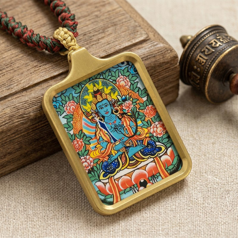 Ākāśagarbha Hand-Painted Thangka Pendant | Bodhisattva of Wisdom & Abundance Amulet thumbnail