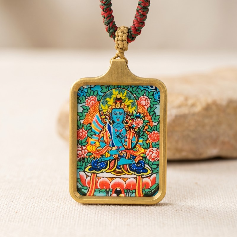 Ākāśagarbha Hand-Painted Thangka Pendant | Bodhisattva of Wisdom & Abundance Amulet thumbnail