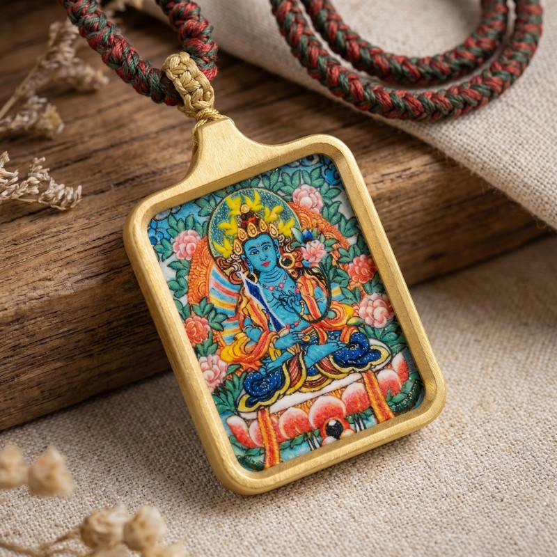 Ākāśagarbha Hand-Painted Thangka Pendant | Bodhisattva of Wisdom & Abundance Amulet thumbnail