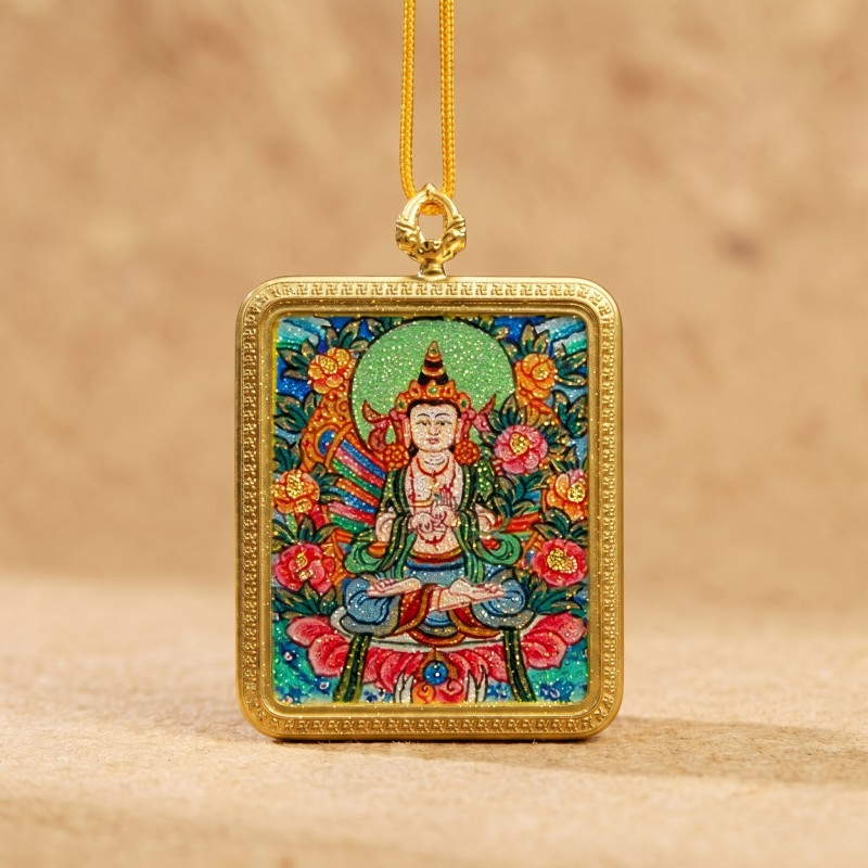 Akashagarbha Bodhisattva Hand-Painted Thangka Pendant | Deity of Wisdom & Financial Luck Amulet thumbnail
