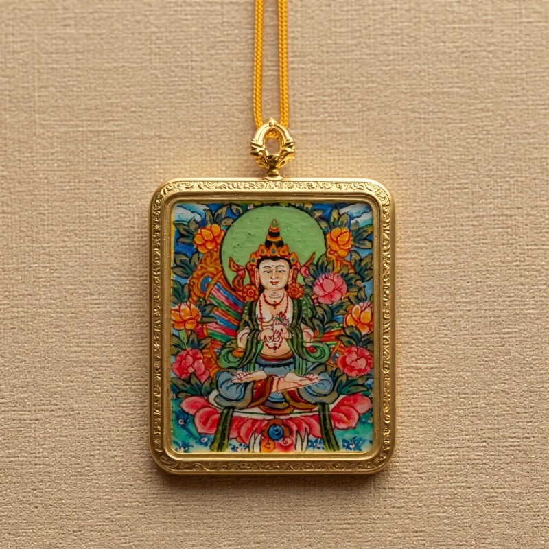 Akashagarbha Bodhisattva Hand-Painted Thangka Pendant | Deity of Wisdom & Financial Luck Amulet thumbnail