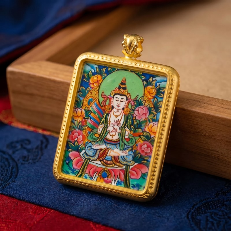 Akashagarbha Bodhisattva Hand-Painted Thangka Pendant | Deity of Wisdom & Financial Luck Amulet thumbnail