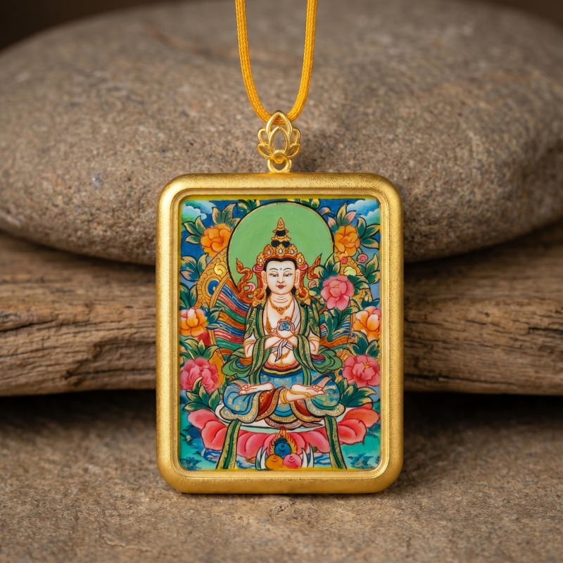 Akashagarbha Bodhisattva Hand-Painted Thangka Pendant | Deity of Wisdom & Financial Luck Amulet thumbnail