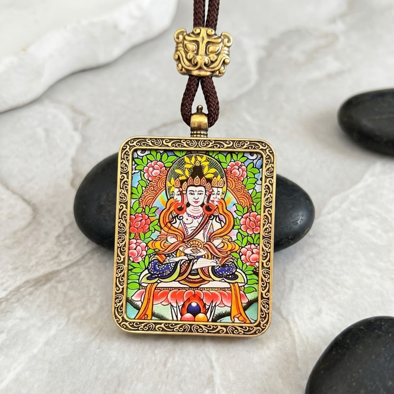 Akashagarbha Bodhisattva Hand-Painted Thangka Pendant | Deity of Wisdom & Financial Luck Amulet thumbnail
