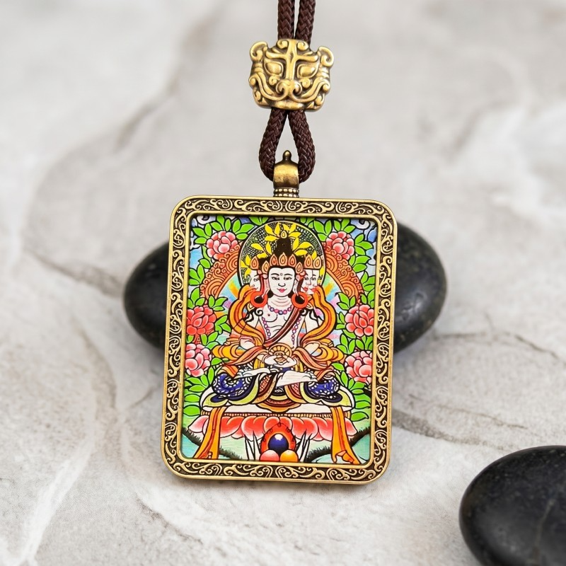 Akashagarbha Bodhisattva Hand-Painted Thangka Pendant | Deity of Wisdom & Financial Luck Amulet thumbnail