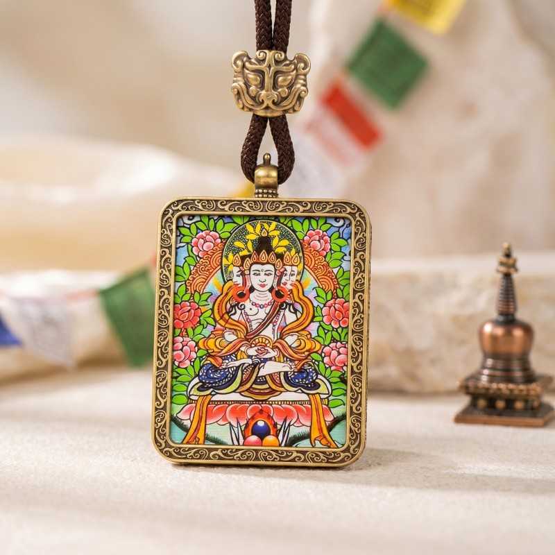 Akashagarbha Bodhisattva Hand-Painted Thangka Pendant | Deity of Wisdom & Financial Luck Amulet thumbnail