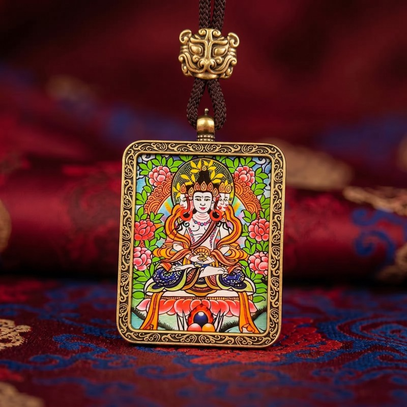 Akashagarbha Bodhisattva Hand-Painted Thangka Pendant | Deity of Wisdom & Financial Luck Amulet thumbnail
