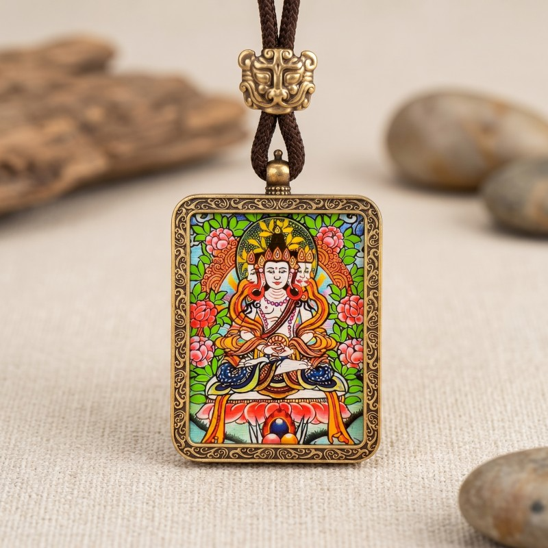 Akashagarbha Bodhisattva Hand-Painted Thangka Pendant | Deity of Wisdom & Financial Luck Amulet thumbnail