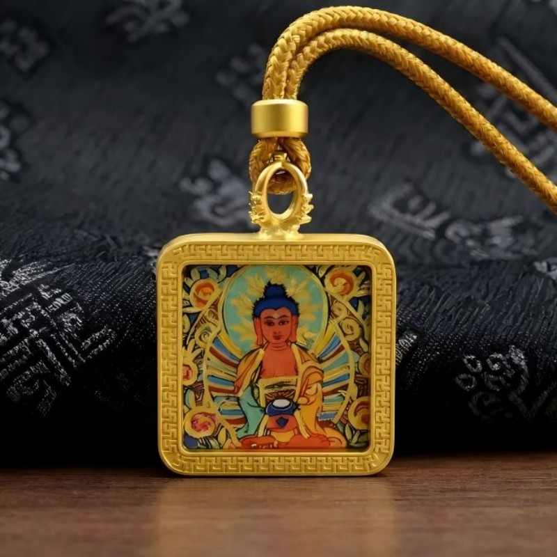 Amitabha Buddha (Amitayus) Hand-Painted Thangka Pendant | Buddha of Infinite Light & Longevity Amulet