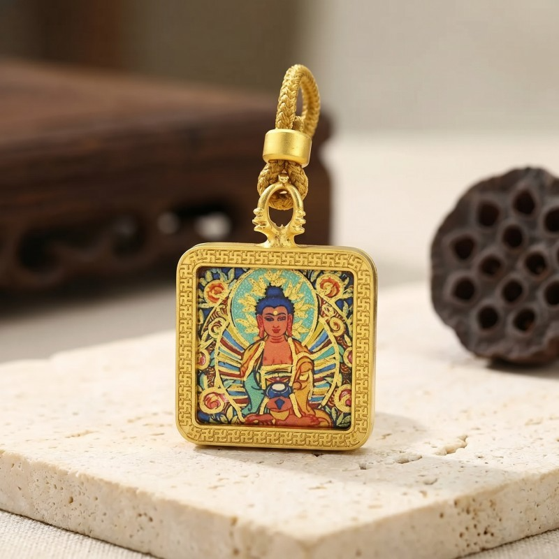 Amitabha Buddha (Amitayus) Hand-Painted Thangka Pendant | Buddha of Infinite Light & Longevity Amulet thumbnail