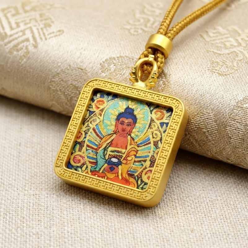 Amitabha Buddha (Amitayus) Hand-Painted Thangka Pendant | Buddha of Infinite Light & Longevity Amulet thumbnail