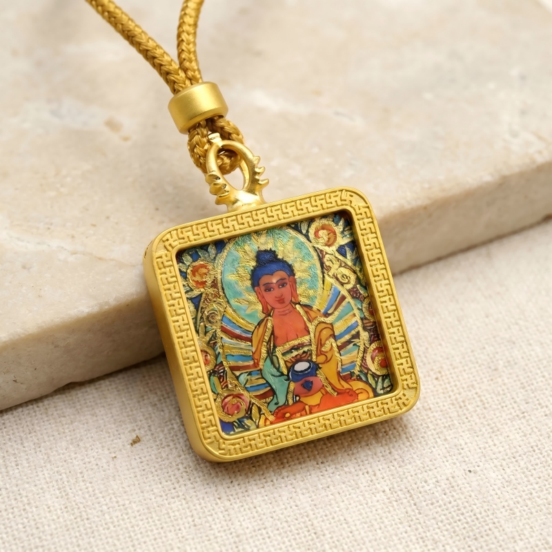 Amitabha Buddha (Amitayus) Hand-Painted Thangka Pendant | Buddha of Infinite Light & Longevity Amulet thumbnail