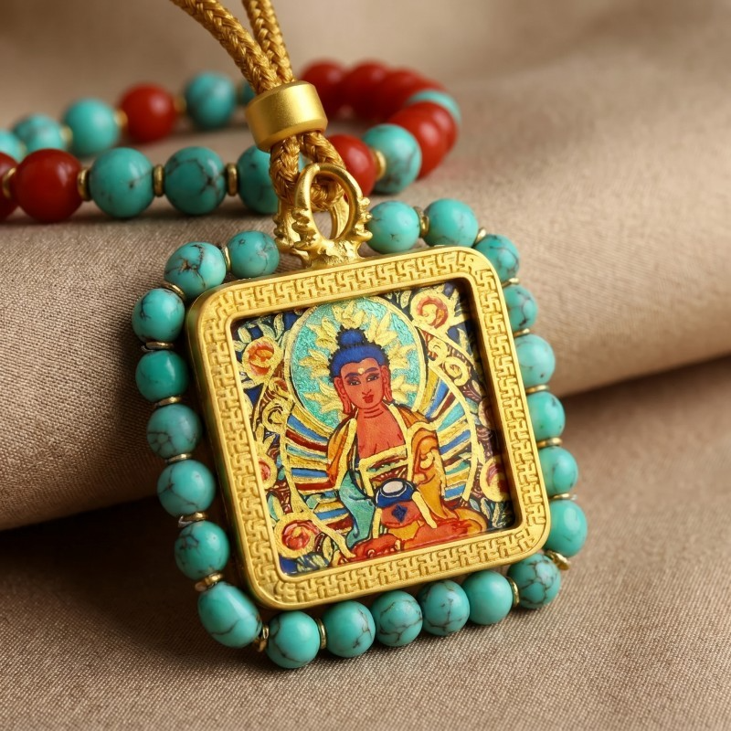 Amitabha Buddha (Amitayus) Hand-Painted Thangka Pendant | Buddha of Infinite Light & Longevity Amulet thumbnail