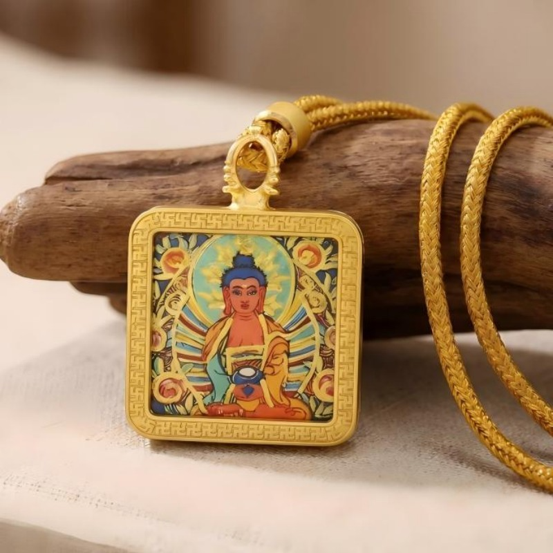 Amitabha Buddha (Amitayus) Hand-Painted Thangka Pendant | Buddha of Infinite Light & Longevity Amulet thumbnail
