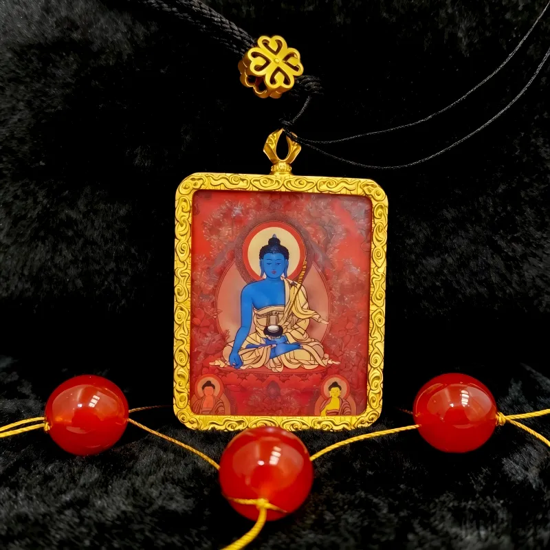 Amitabha Buddha Hand-Painted Thangka Pendant | Buddha of Infinite Light Amulet for Peace & Rebirth Blessings thumbnail