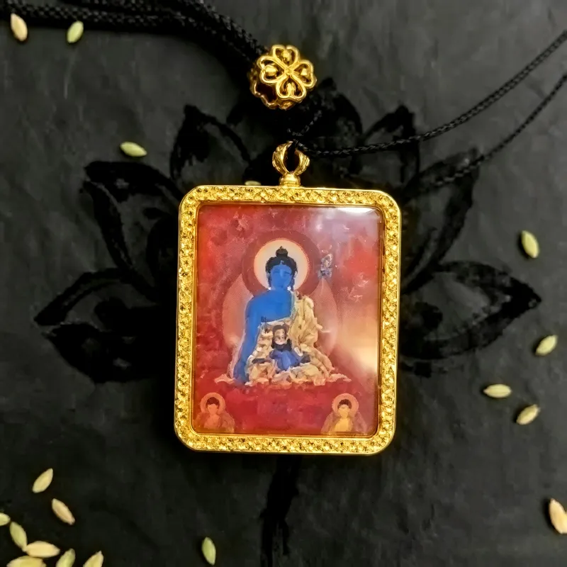 Amitabha Buddha Hand-Painted Thangka Pendant | Buddha of Infinite Light Amulet for Peace & Rebirth Blessings thumbnail