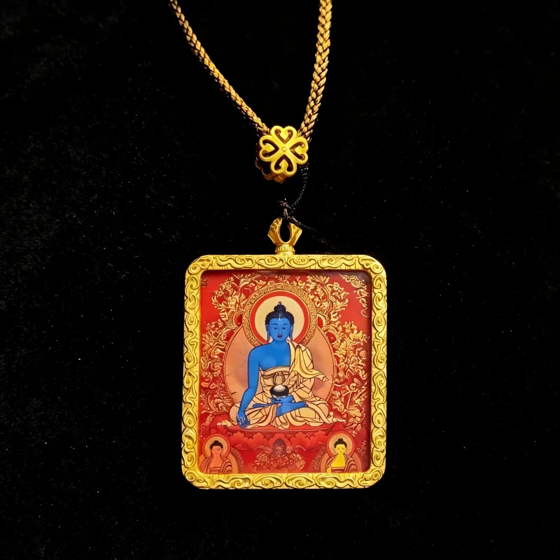 Amitabha Buddha Hand-Painted Thangka Pendant | Buddha of Infinite Light Amulet for Peace & Rebirth Blessings thumbnail