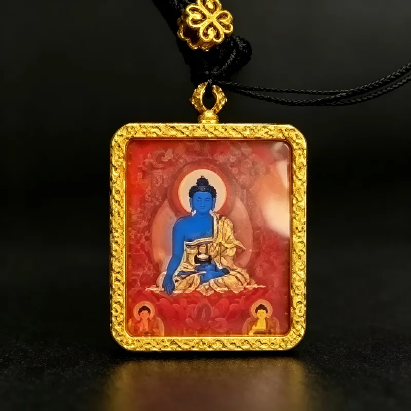 Amitabha Buddha Hand-Painted Thangka Pendant | Buddha of Infinite Light Amulet for Peace & Rebirth Blessings thumbnail