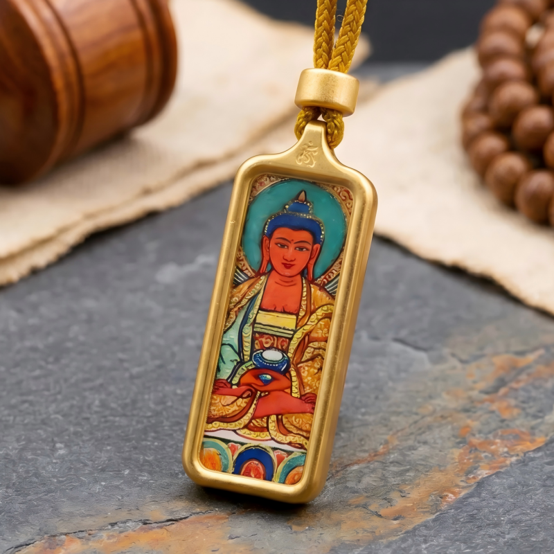 Amitabha Buddha Hand-Painted Thangka Pendant | Buddha of Infinite Light & Longevity Amulet thumbnail
