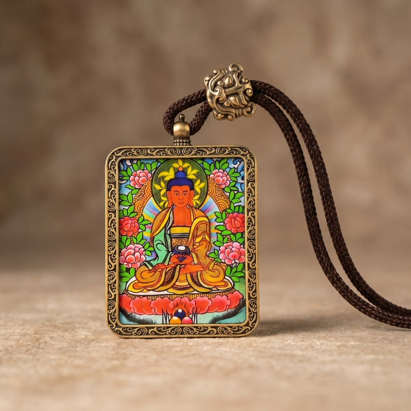 Amitabha Buddha Hand-Painted Thangka Pendant | Deity of Infinite Light & Longevity Amulet thumbnail
