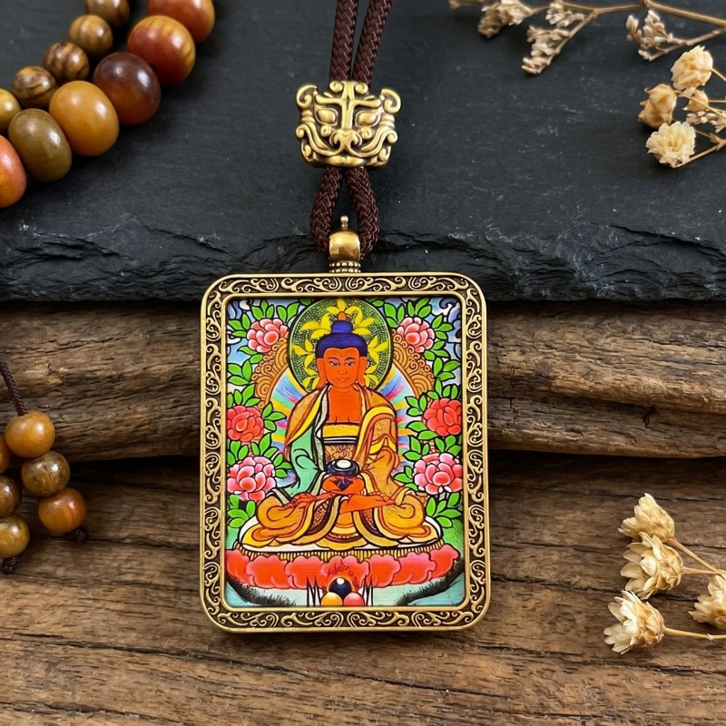 Amitabha Buddha Hand-Painted Thangka Pendant | Deity of Infinite Light & Longevity Amulet thumbnail