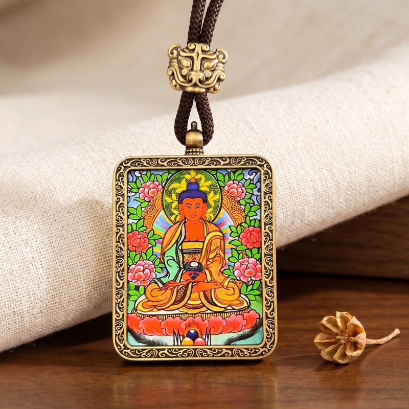 Amitabha Buddha Hand-Painted Thangka Pendant | Deity of Infinite Light & Longevity Amulet thumbnail