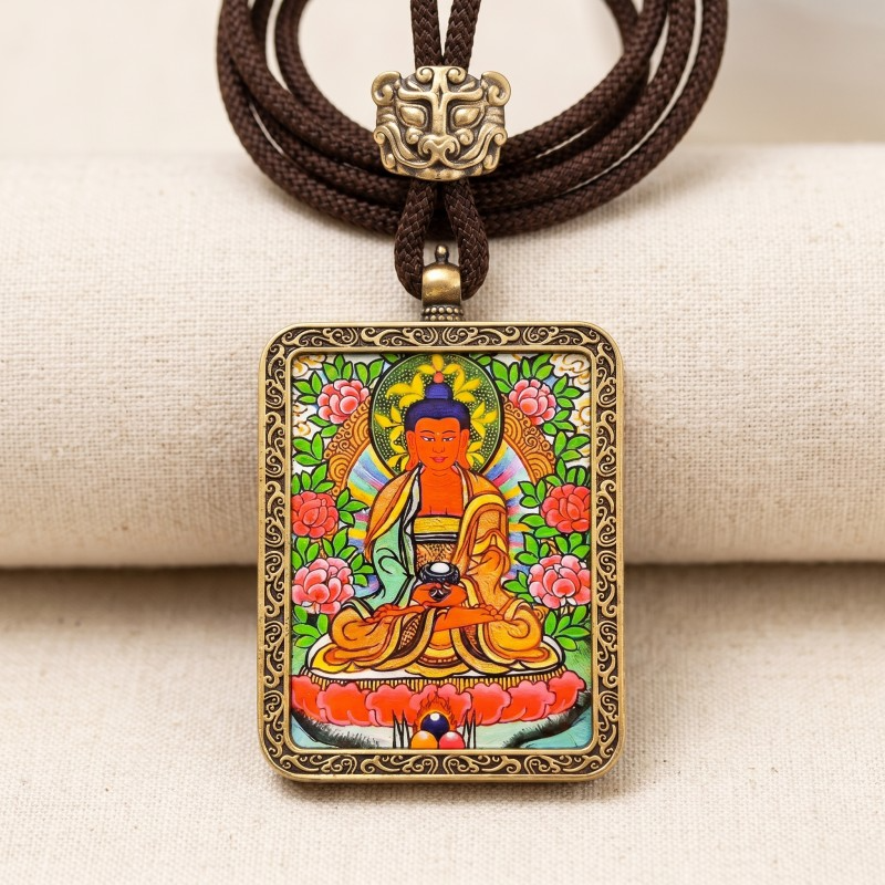 Amitabha Buddha Hand-Painted Thangka Pendant | Deity of Infinite Light & Longevity Amulet thumbnail
