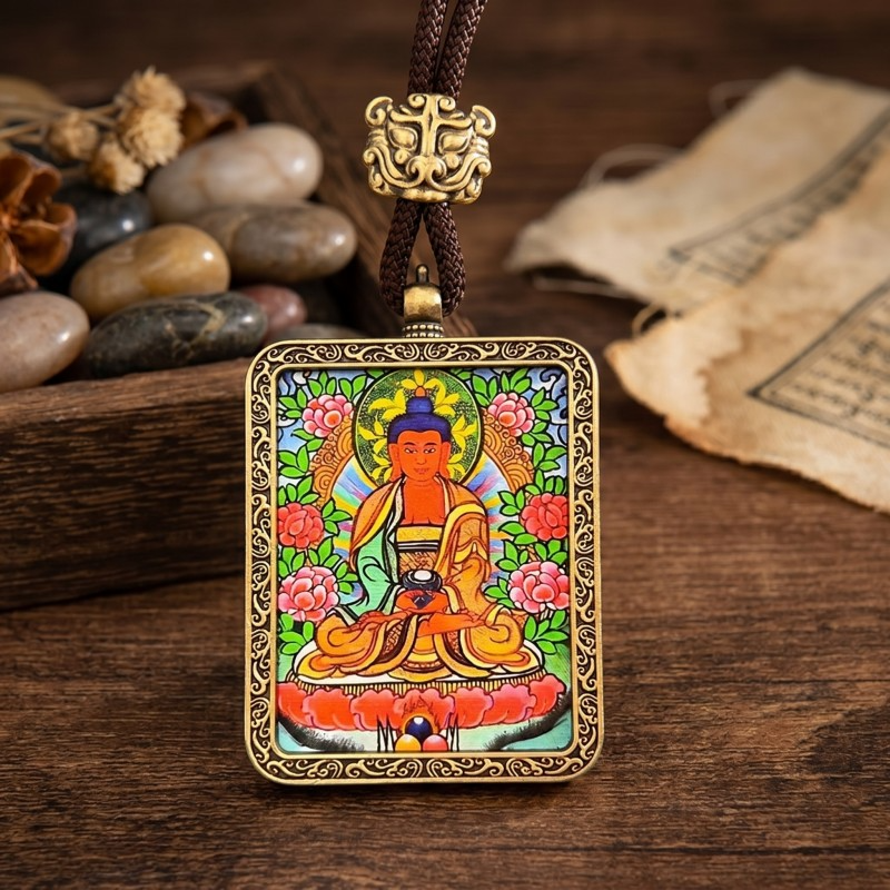 Amitabha Buddha Hand-Painted Thangka Pendant | Deity of Infinite Light & Longevity Amulet thumbnail