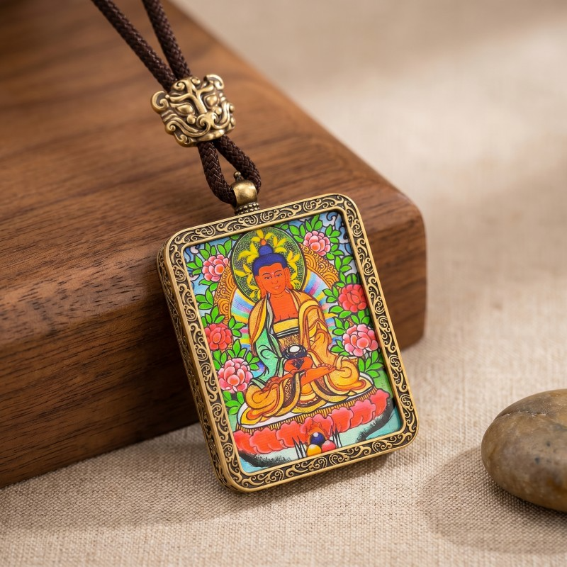 Amitabha Buddha Hand-Painted Thangka Pendant | Deity of Infinite Light & Longevity Amulet thumbnail